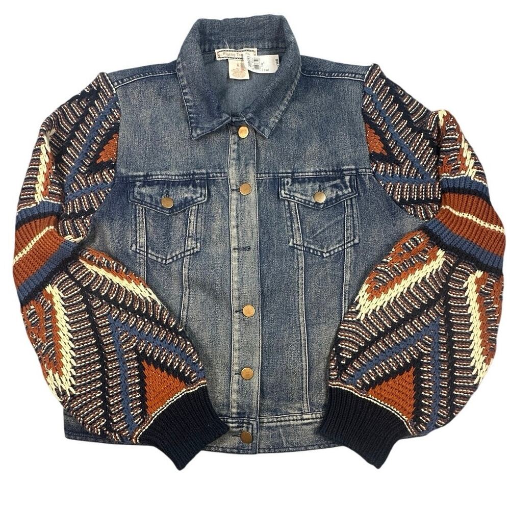FLYING TOMATO Denim Jacket Knit Sweater Sleeve Aztec Southwest